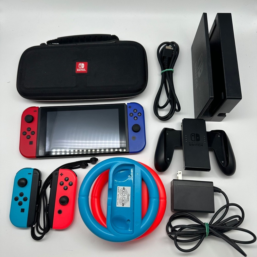 Nintendo Switch V2 Console Bundle - Dock - Extra Joy Cons - Case - Wheels